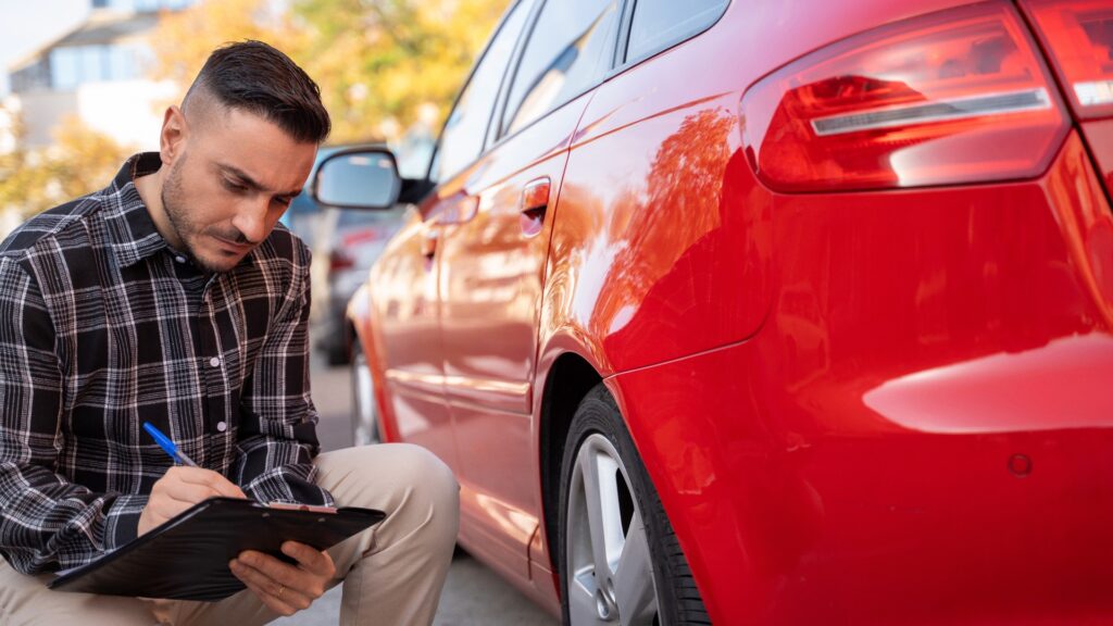 Insurance agent crouching near a damaged red car and writing on a clipboard, assessing the damage for the insurance claim
