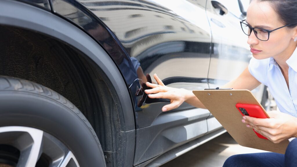 Eine Frau prüft einen Kratzer im Autolack eines dunklen Wagens