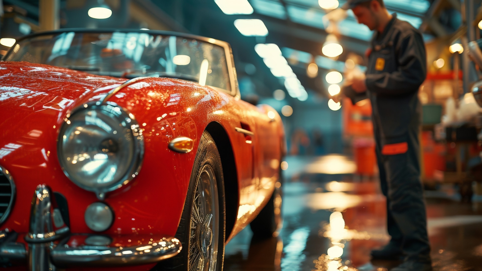 Mann steht neben einem roten Sportwagen in einer Autowerkstatt, die sich auf ein Wertgutachten vorbereitet